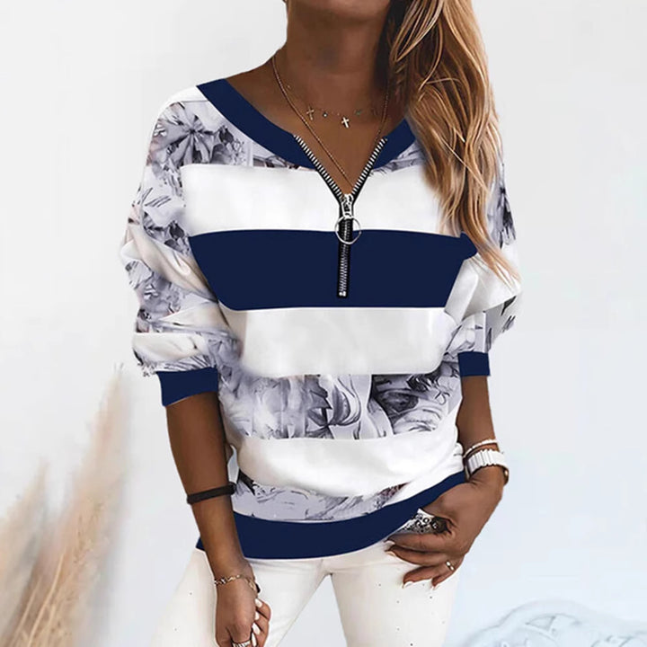 Women's slightly oversized sweatshirt with ring zipper, block stripes and floral insert StylebySassy