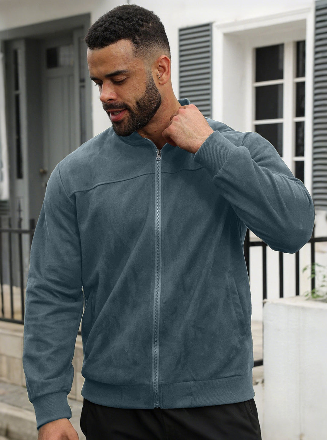 Men's subtle velour bomber jacket with stand-up collar, full zip and ribbed cuffs StylebySassy