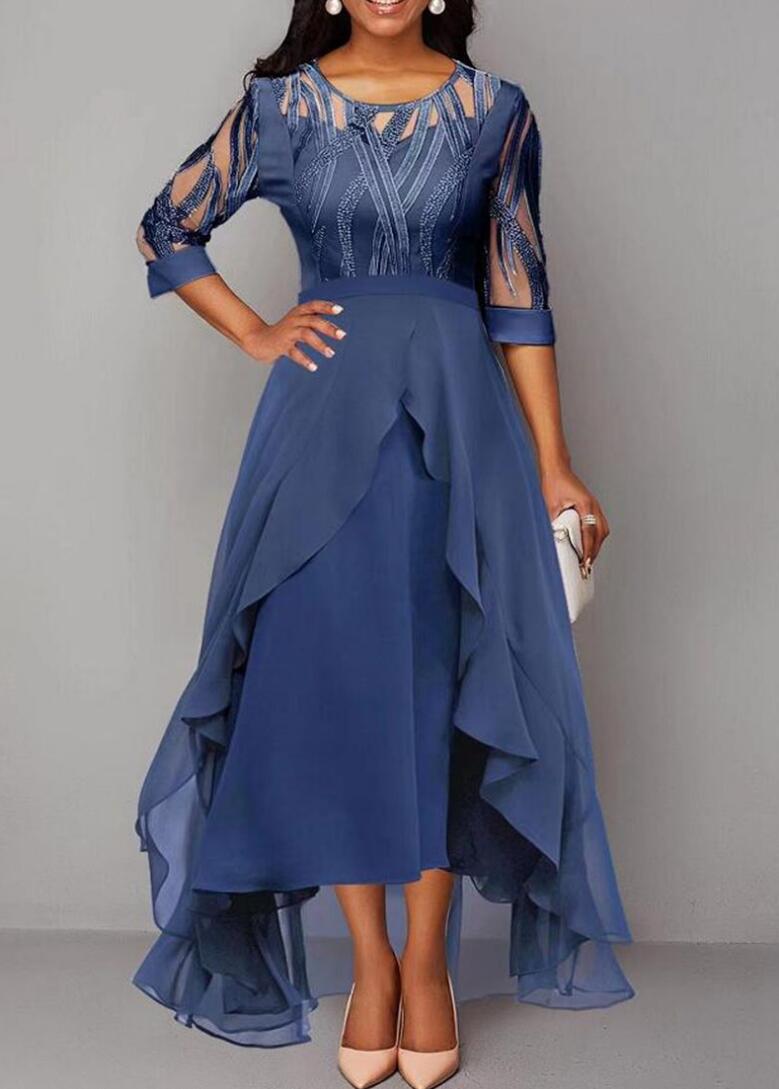 Women's elegant chiffon evening dress with embroidered tulle bodice, three-quarter sleeves, and asymmetric tiered hem StylebySassy