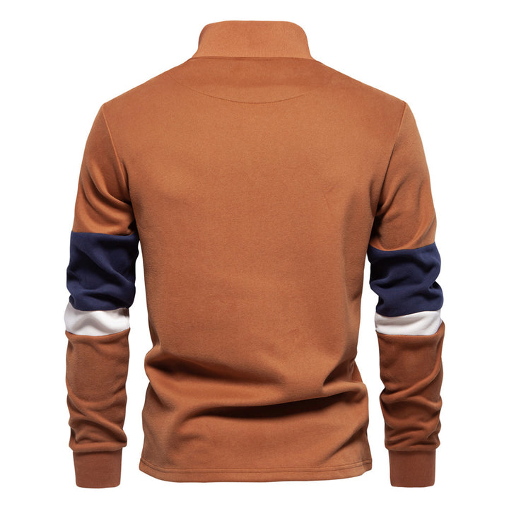 Men's half-zip pullover with stand-up collar, striped collar inner band and contrast sleeves StylebySassy