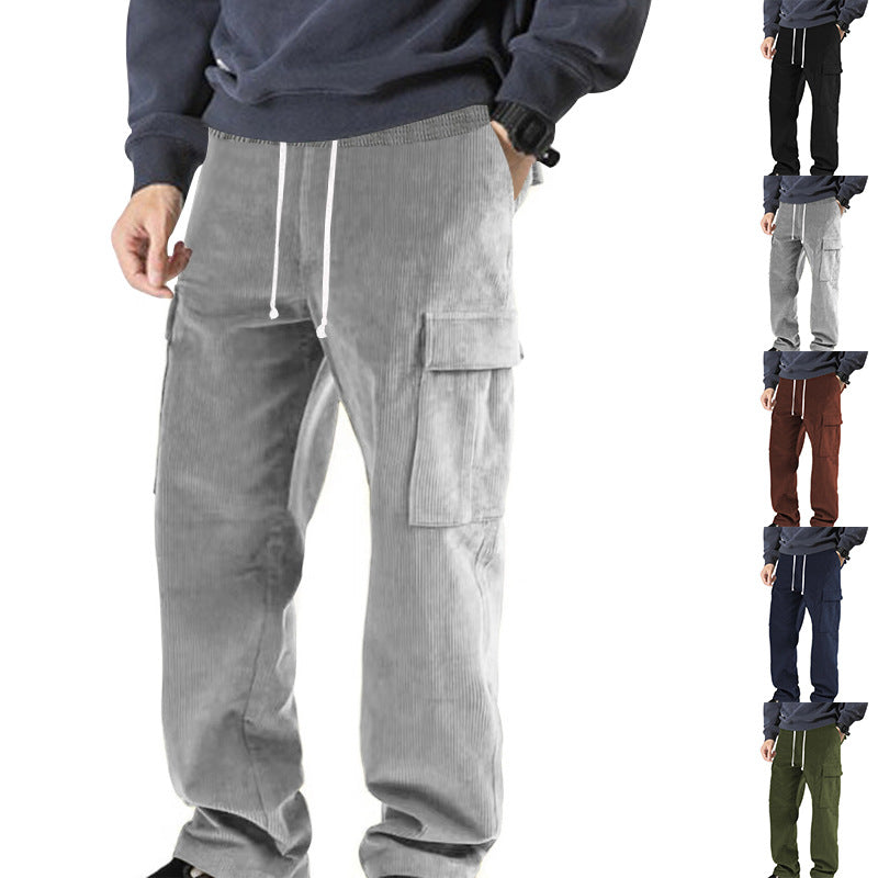 Men's ribbed comfortable cargo pants with elastic drawstring waistband and low-set flap pockets StylebySassy