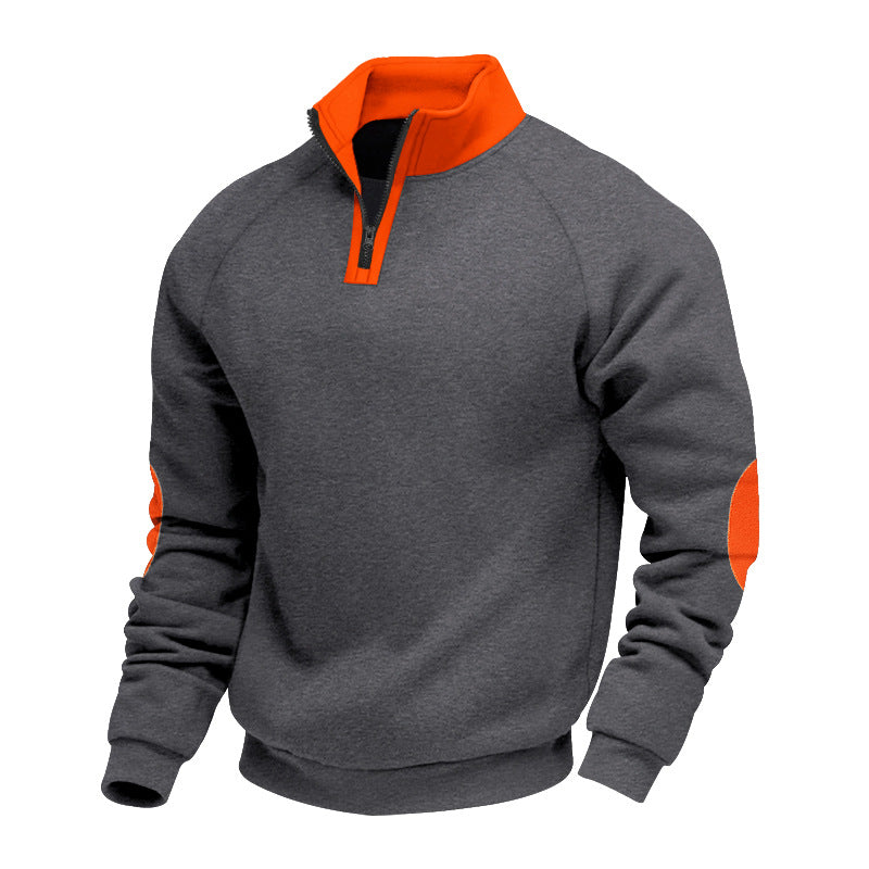 Men's half-zip fleece pullover with a high stand collar and contrasting elbow patches StylebySassy