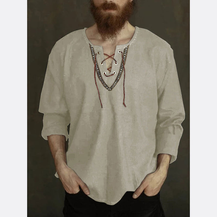 Men's linen tunic shirt with lacing and ethnic border StylebySassy