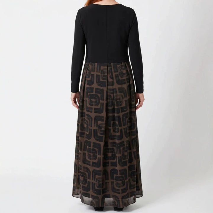 Ladies' V-neck Maxi Dress with Fitted Wrap Top and Transparent Patterned Overlay Skirt StylebySassy