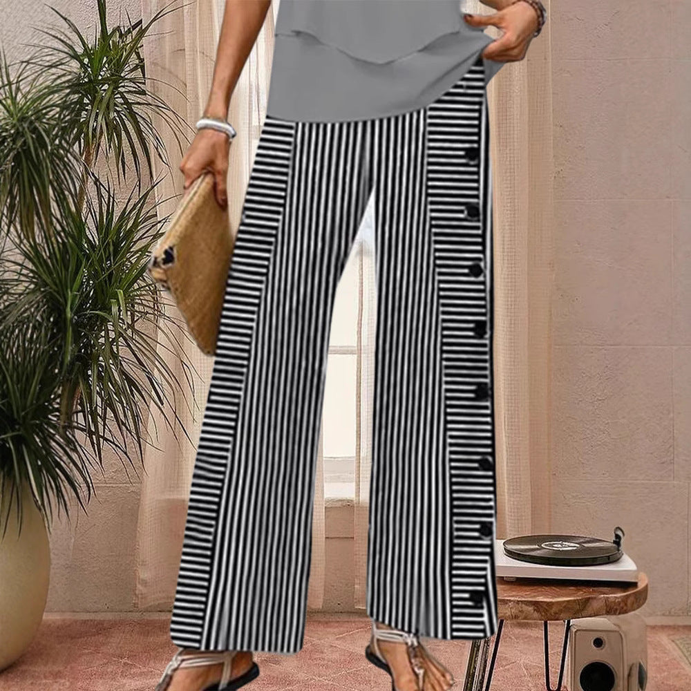 Ladies' wide Palazzo pants with vertical pinstripe look and side button placket StylebySassy