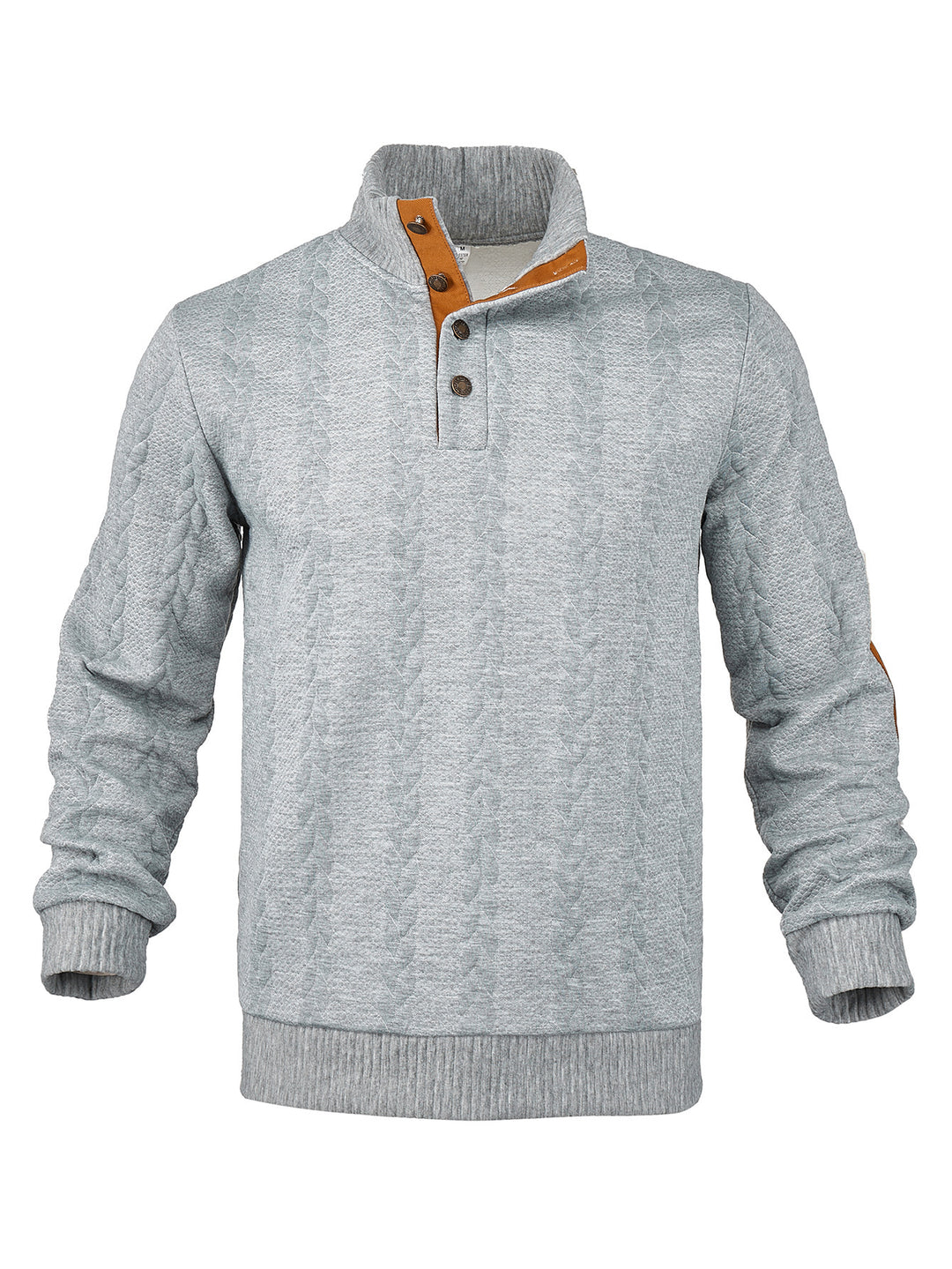 Men's Cable Knit Half Button Sweater with High Stand Collar and Suede Elbow Patches StylebySassy