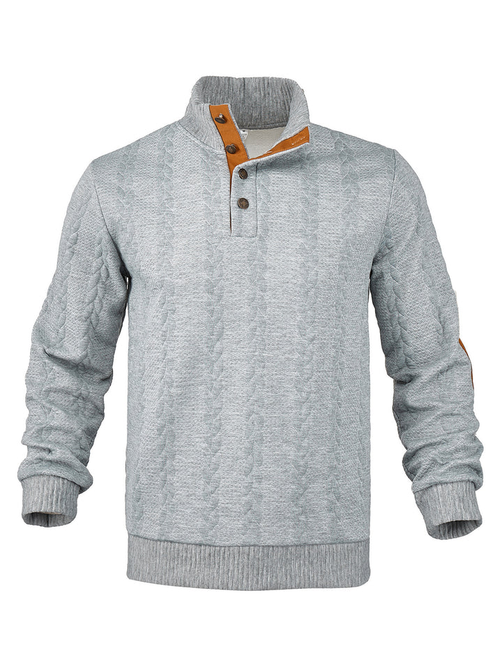 Men's Cable Knit Half Button Sweater with High Stand Collar and Suede Elbow Patches StylebySassy