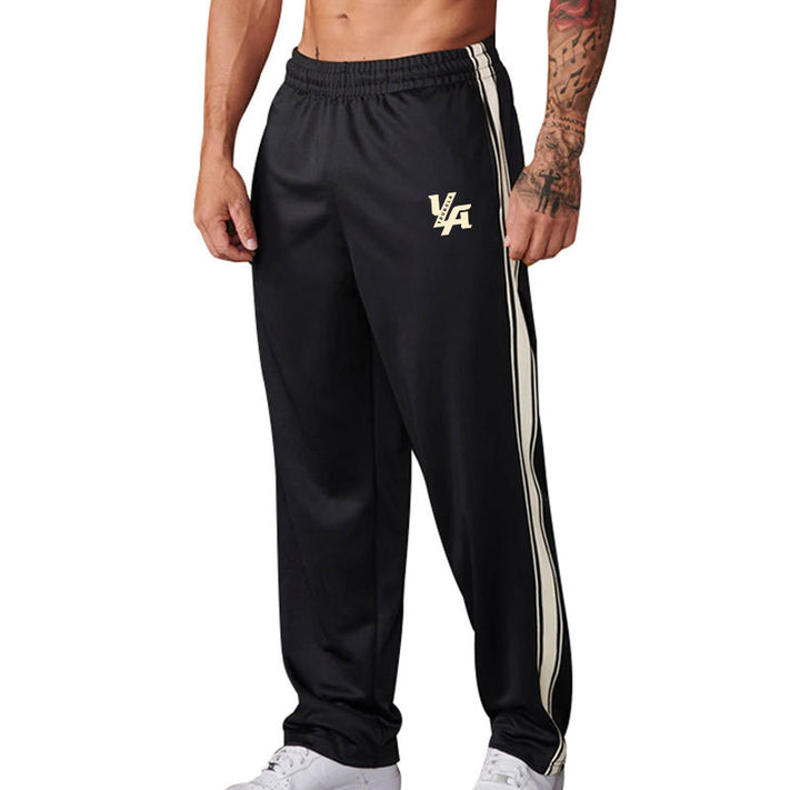 Men's straight-cut training pants with elastic comfort waistband, side double stripe, and thigh logo print StylebySassy