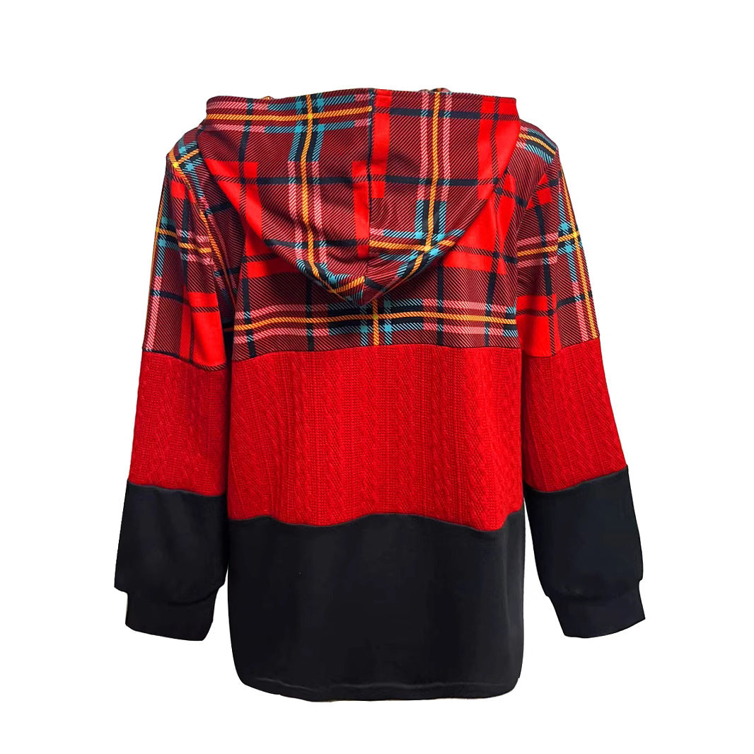 Women's long patchwork-style hooded jacket with check and knit inserts, front zipper and side pockets StylebySassy