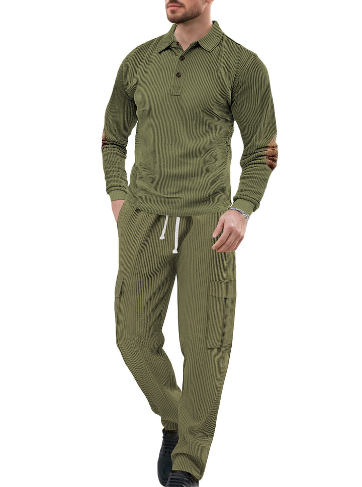 Men's nano ribbed lounge set with polo collar elbow patches and cargo pants StylebySassy