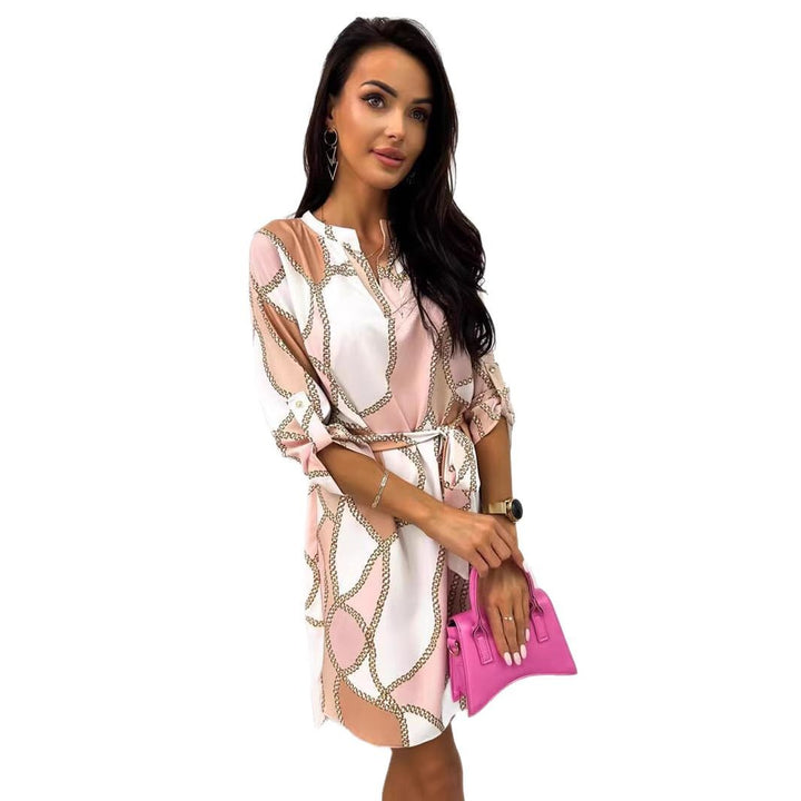 Women's relaxed fall shirt dress with chain print, detachable waist belt and roll-up three-quarter sleeves StylebySassy