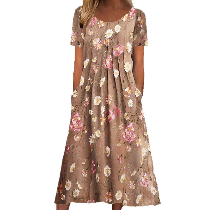 Women's nan Blumenswing midi dress with round neckline, inset pockets, and structured crepe quality StylebySassy