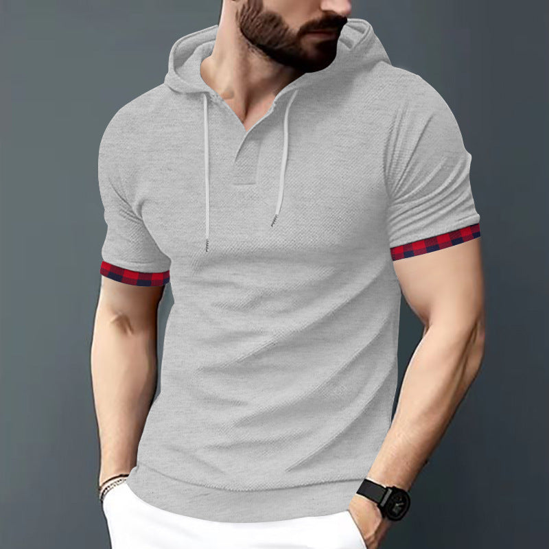 Men's fitted short sleeve hooded polo shirt with Henley placket and drawstring StylebySassy