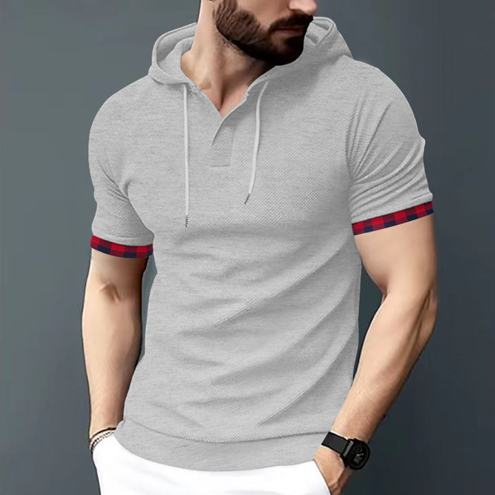 Men's fitted short sleeve hooded polo shirt with Henley placket and drawstring StylebySassy