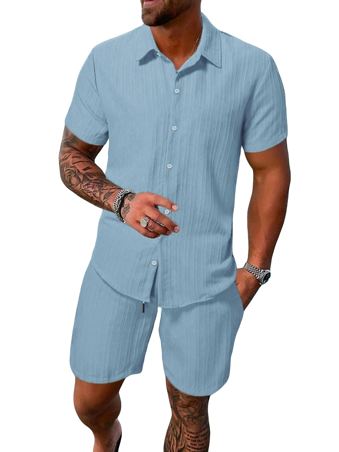 Men's lightweight short-sleeve shirt with open collar and matching casual shorts made of textured cotton blend StylebySassy