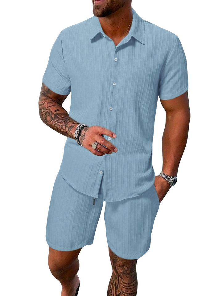 Men's lightweight short-sleeve shirt with open collar and matching casual shorts made of textured cotton blend StylebySassy