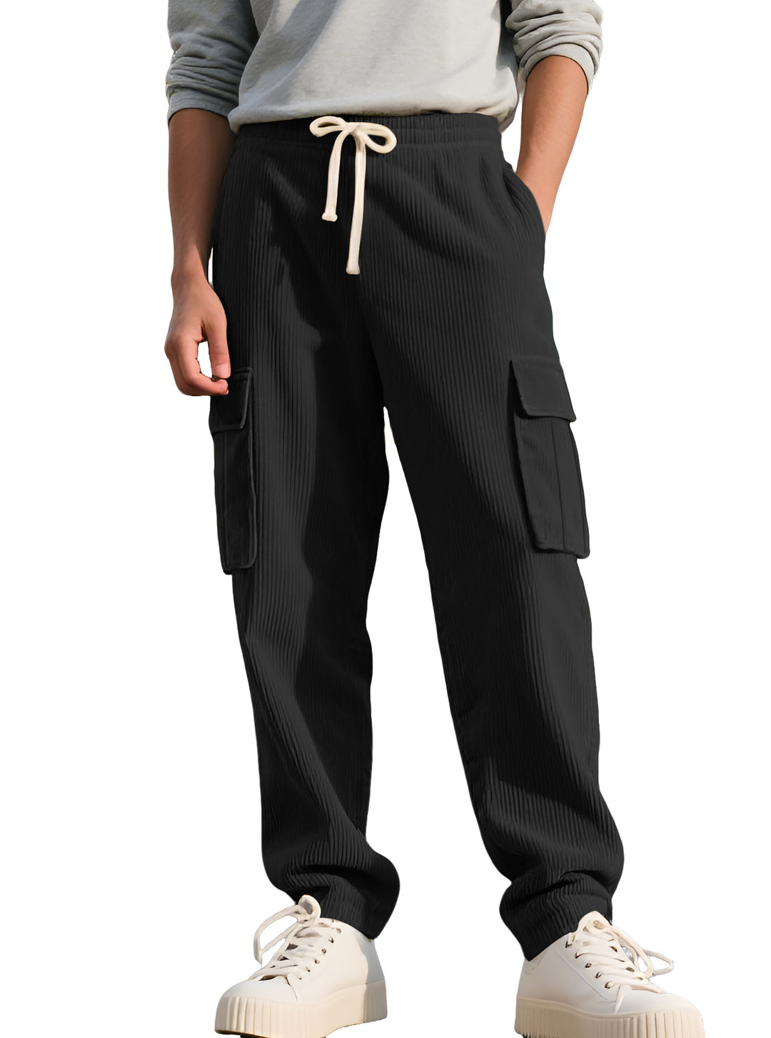 Men's casual utility cargo joggers with vertical ribbed structure, drawstring waistband, and large flap pockets StylebySassy