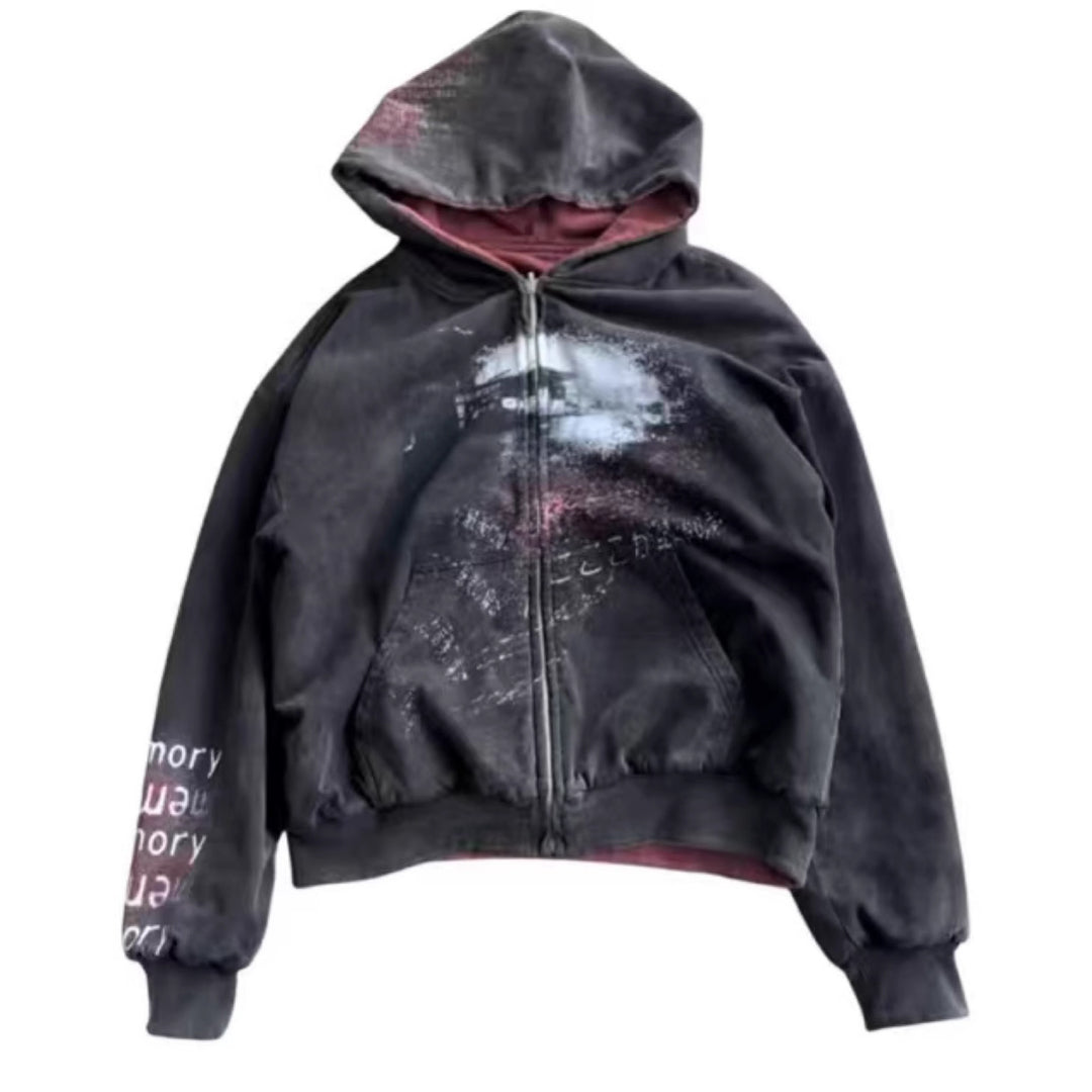 Unisex nan Hooded jacket with continuous zipper, used effect, double-layer hood and sleeve print StylebySassy