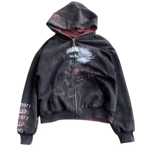Unisex nan Hooded jacket with continuous zipper, used effect, double-layer hood and sleeve print StylebySassy