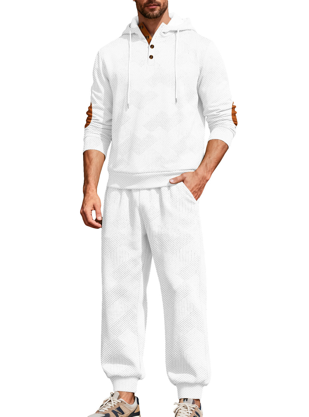 Men's textured hoodie jogging set with Henley button placket and contrast elbow patches StylebySassy