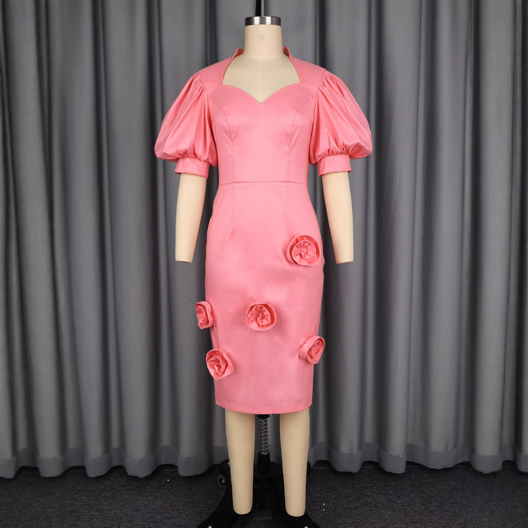 Ladies elegant cocktail dress with puff sleeves and floral details StylebySassy