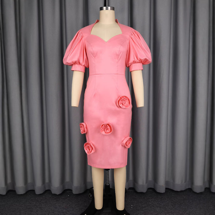 Ladies elegant cocktail dress with puff sleeves and floral details StylebySassy