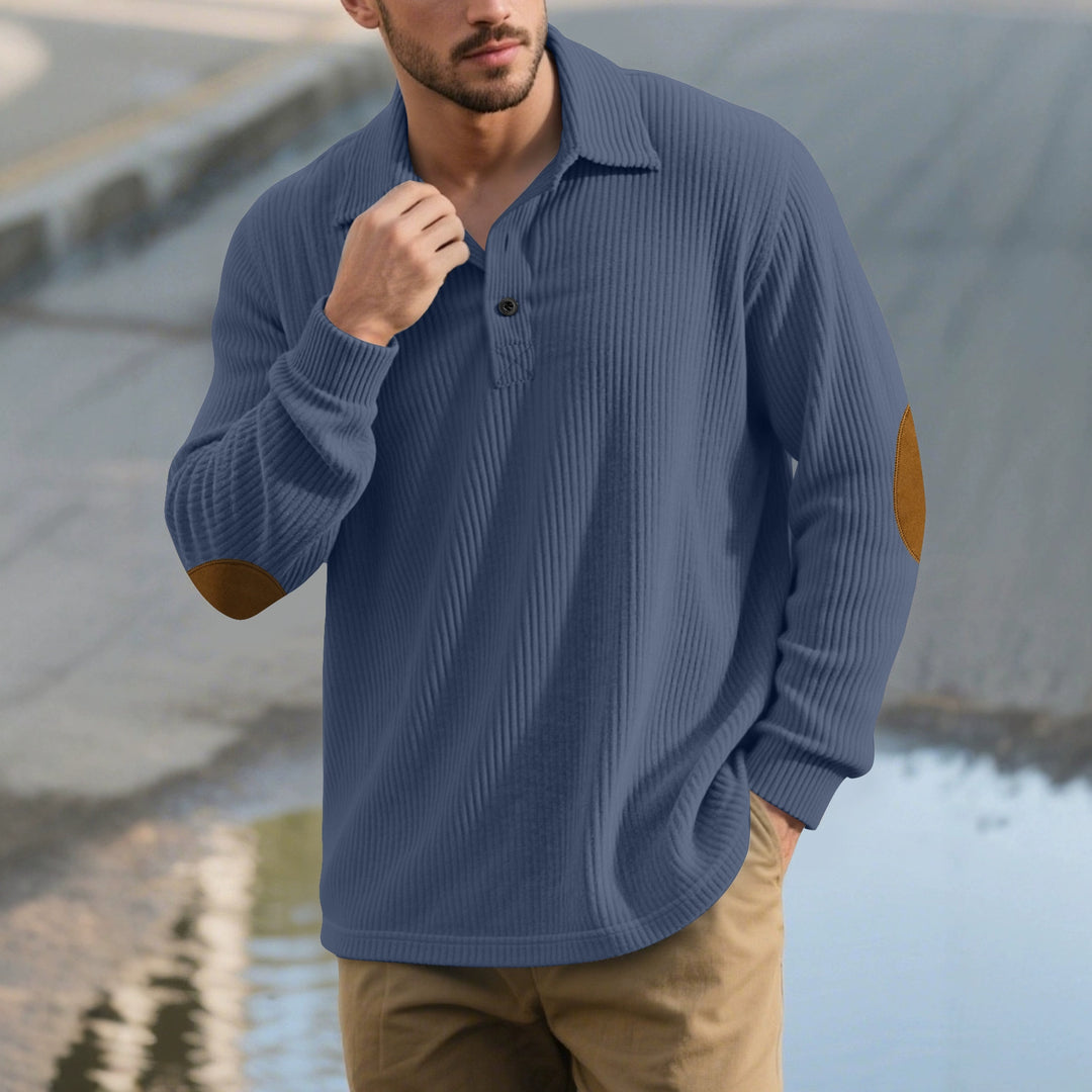 Men's ribbed casual polo with kent collar, short button placket and velour elbow patches StylebySassy