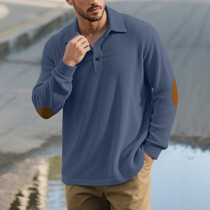 Men's ribbed casual polo with kent collar, short button placket and velour elbow patches StylebySassy