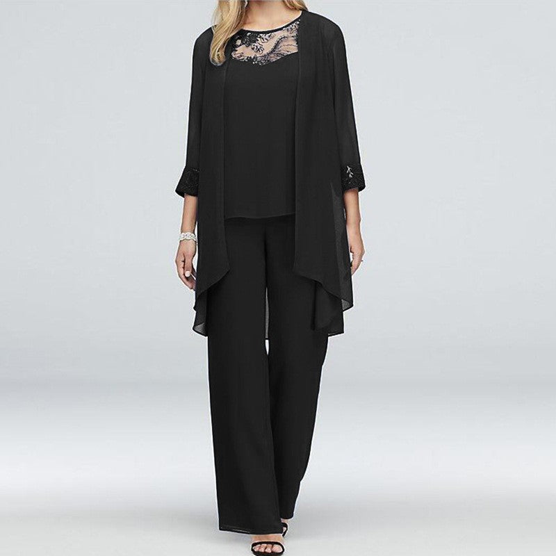 Women's flowing chiffon evening ensemble with lace trim, kimono cardigan and wide palazzo pants StylebySassy