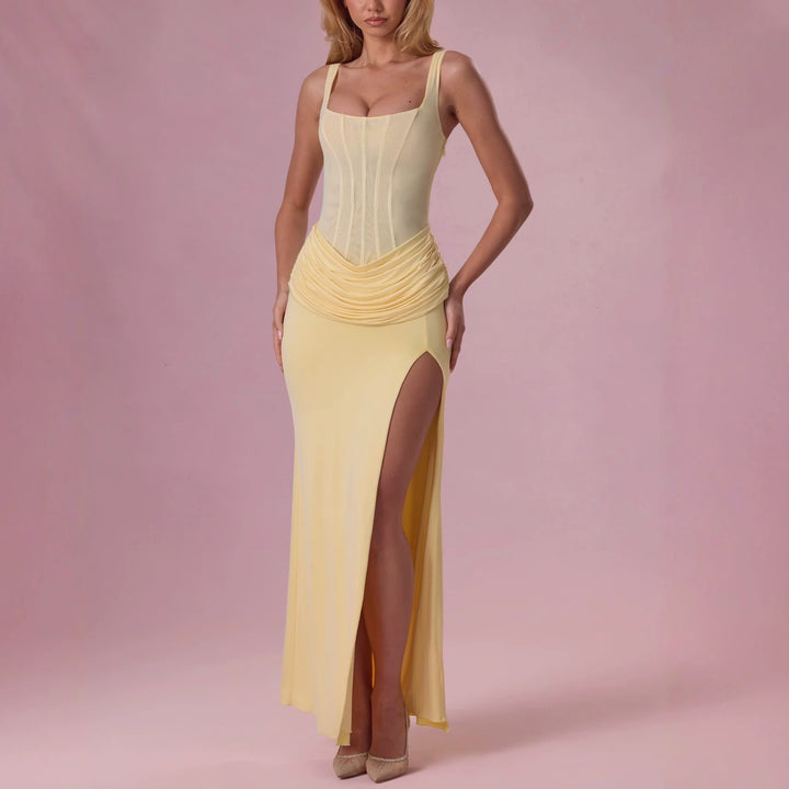 Ladies Charming Maxi Dress with Structured Corset and High Slit StylebySassy