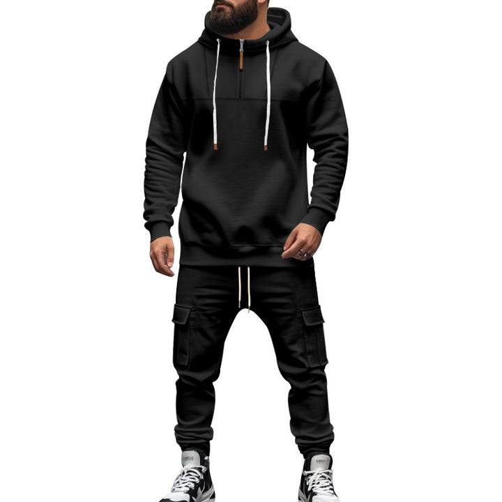 Men's cargo-style hooded sweatshirt and jogger set with short chest zipper and flap pockets StylebySassy