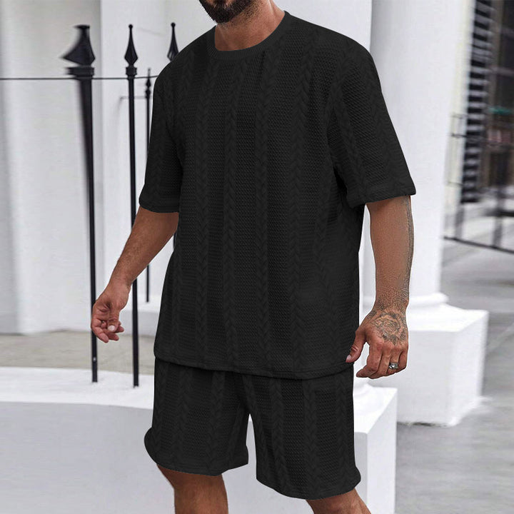 Men's relaxed braid-knit leisure set with wide short-sleeve shirt and elastic Bermuda StylebySassy