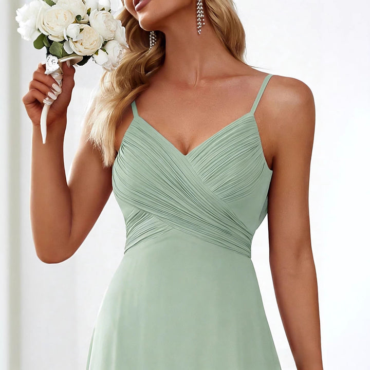 Ladies flowing chiffon evening dress with crossed draping, empire waist and fine spaghetti straps StylebySassy