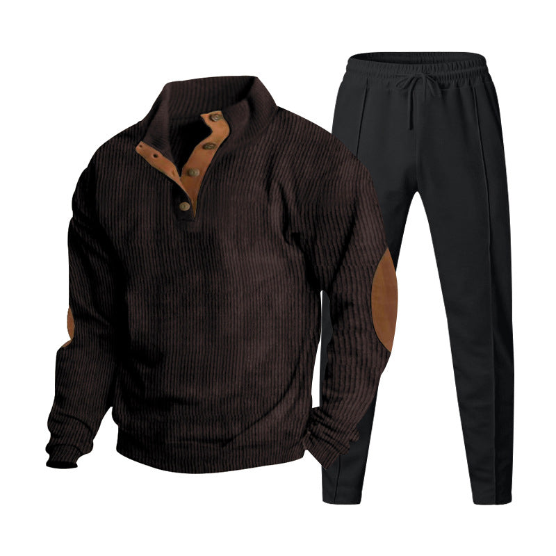 Men's ribbed Henley leisure suit with decorative button placket and suede elbow patches tapered joggers StylebySassy