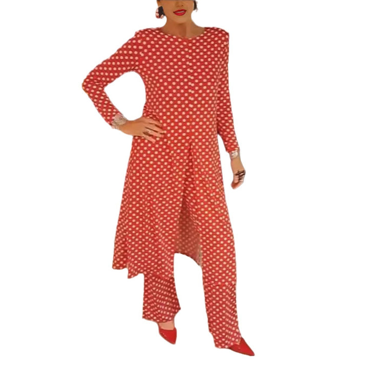Women Nan Polka Dot Lounge Set with Long A-Line Tunic, Center Front Slit, and Wide Palazzo Pants StylebySassy