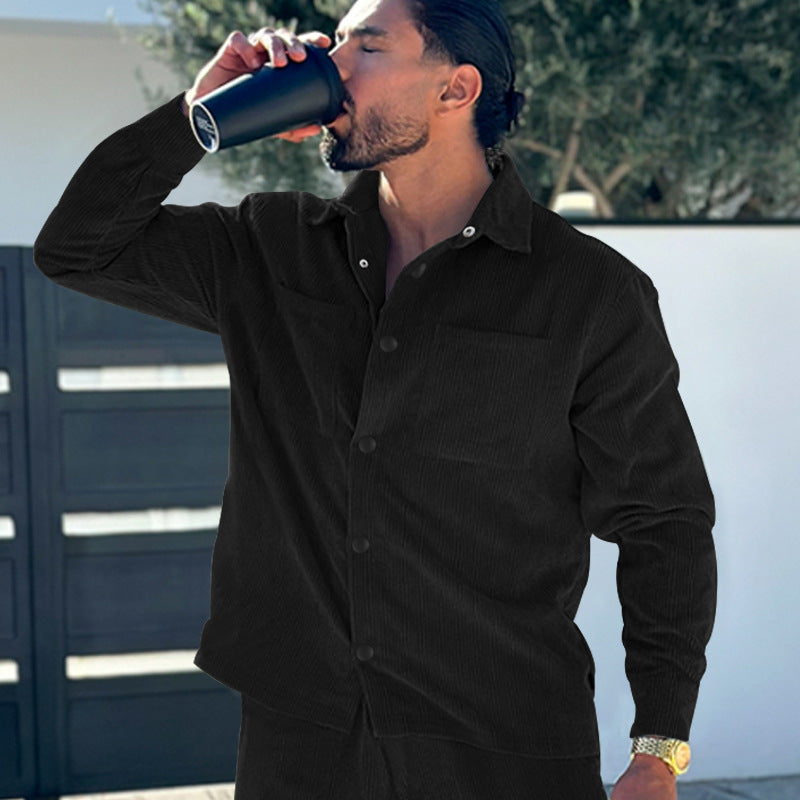 Men's padded corduroy overshirt jacket with visible button placket and chest welt pockets StylebySassy