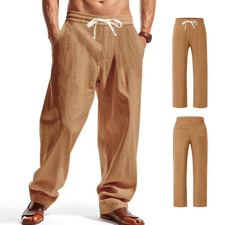 Men's wide comfort trousers in linen blend with elastic drawstring, straight leg, and patch back pockets StylebySassy