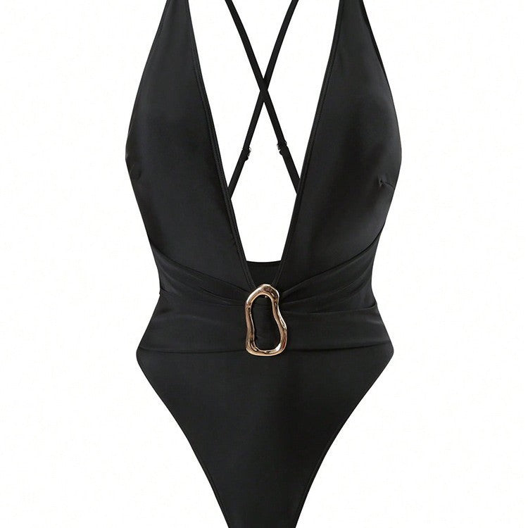 Women's one-piece swimsuit with deep V-neckline and elegant decorative element StylebySassy