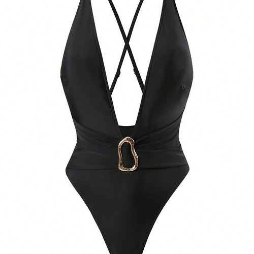 Women's one-piece swimsuit with deep V-neckline and elegant decorative element StylebySassy