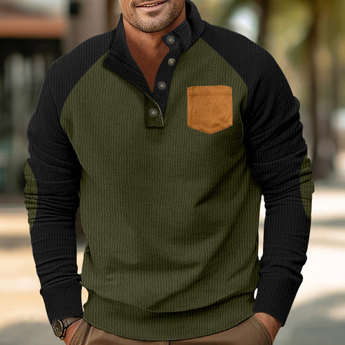 Men's structured half-button knit pullover in cord look with raglan sleeves, front chest pocket, and elbow patches StylebySassy