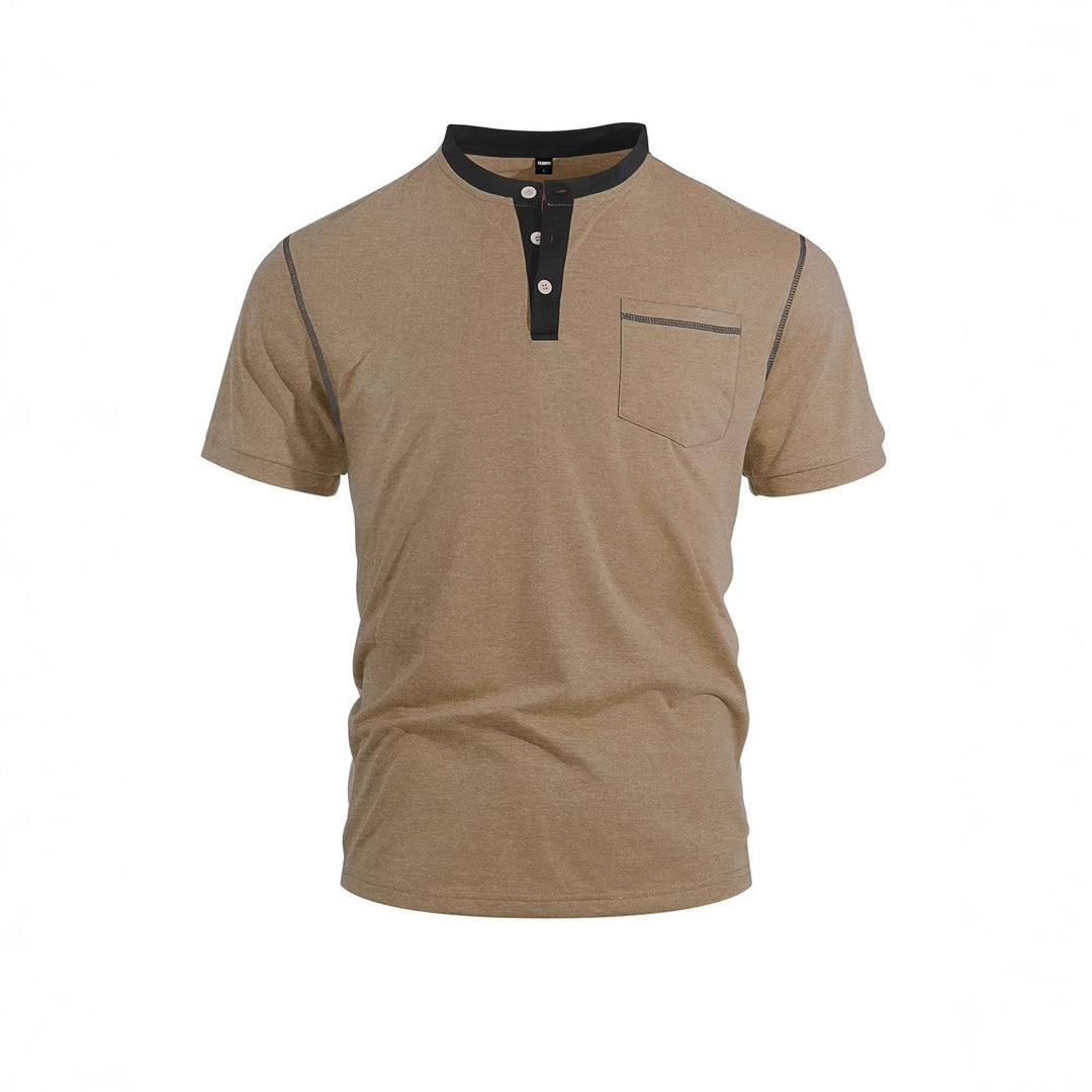 Men's short-sleeve band collar shirt with button placket, chest pocket, and flatlock seams StylebySassy