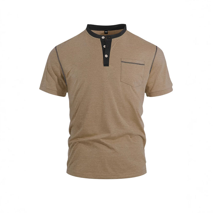 Men's short-sleeve band collar shirt with button placket, chest pocket, and flatlock seams StylebySassy