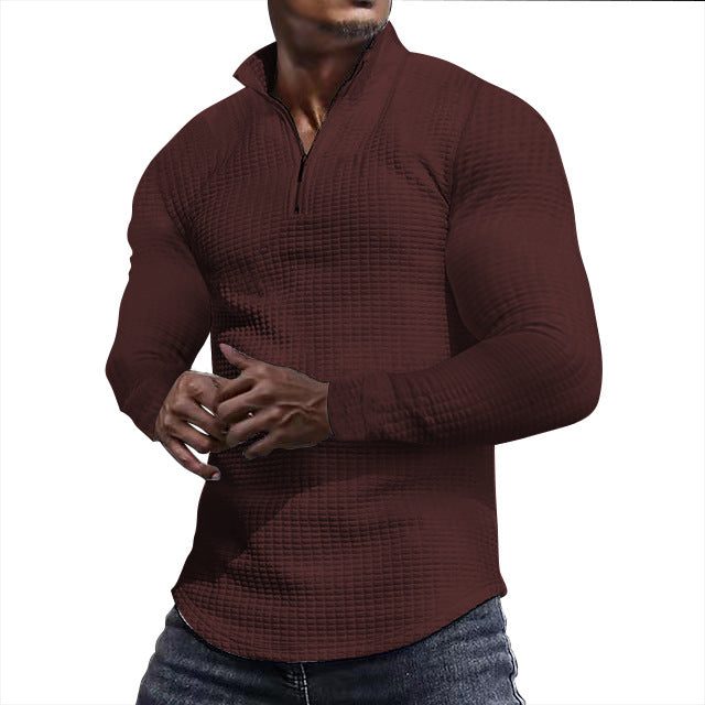 Men's tailored thermo half-zip pullover with waffle texture and standing collar StylebySassy