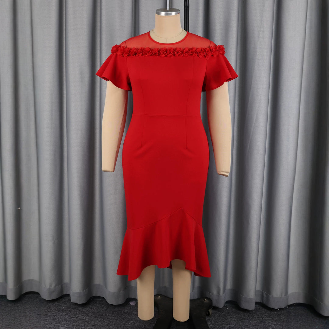 Women Elegant Dress with Floral Accent and Swirling Hem StylebySassy