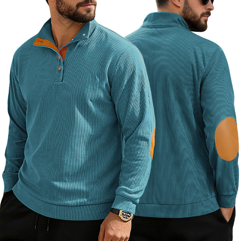 Men's casual structured sweater with polo collar, short button placket and vegan leather trims StylebySassy