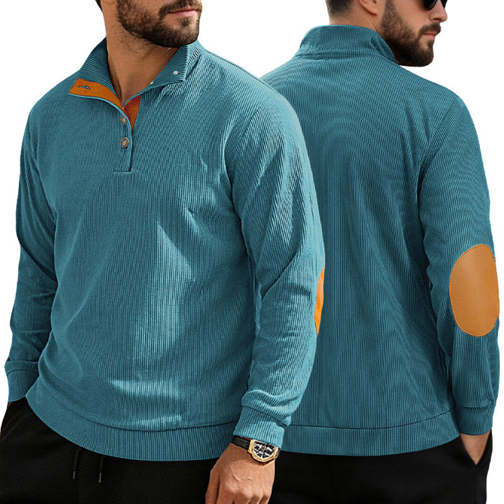 Men's casual structured sweater with polo collar, short button placket and vegan leather trims StylebySassy