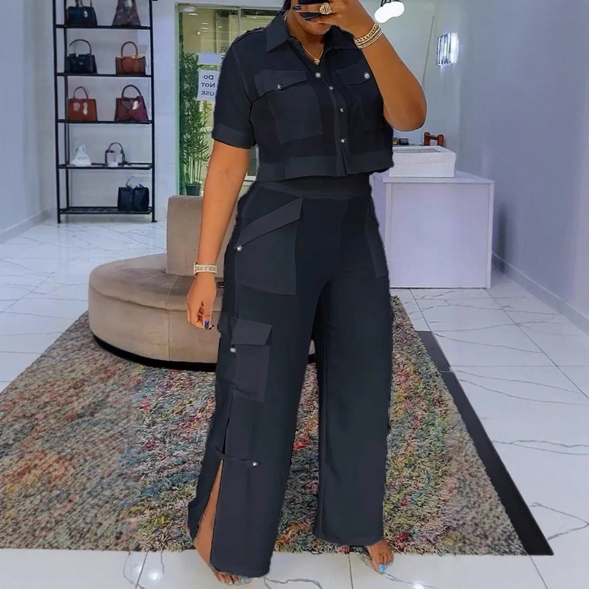 Women's two-piece shirt and cargo pants set with short oversized shirt, high waist, wide leg, and side leg slits StylebySassy