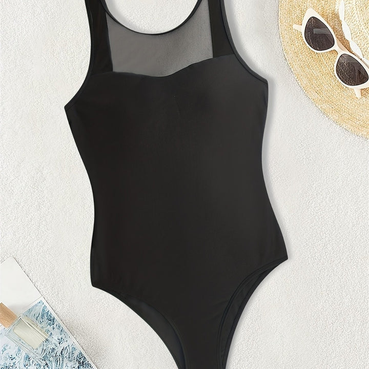 Ladies High-Neck Swimsuit with Transparent Mesh Details StylebySassy