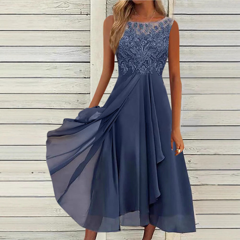 Women's sleeveless chiffon midi dress with embroidered illusion lace, boat neckline, and multilayer flared skirt StylebySassy