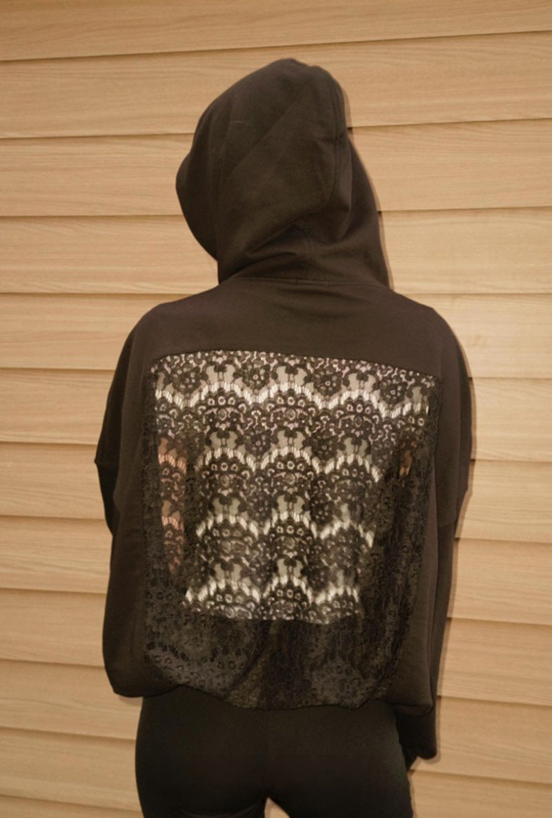 Ladies' oversized hooded sweater with floral lace insert on the back StylebySassy